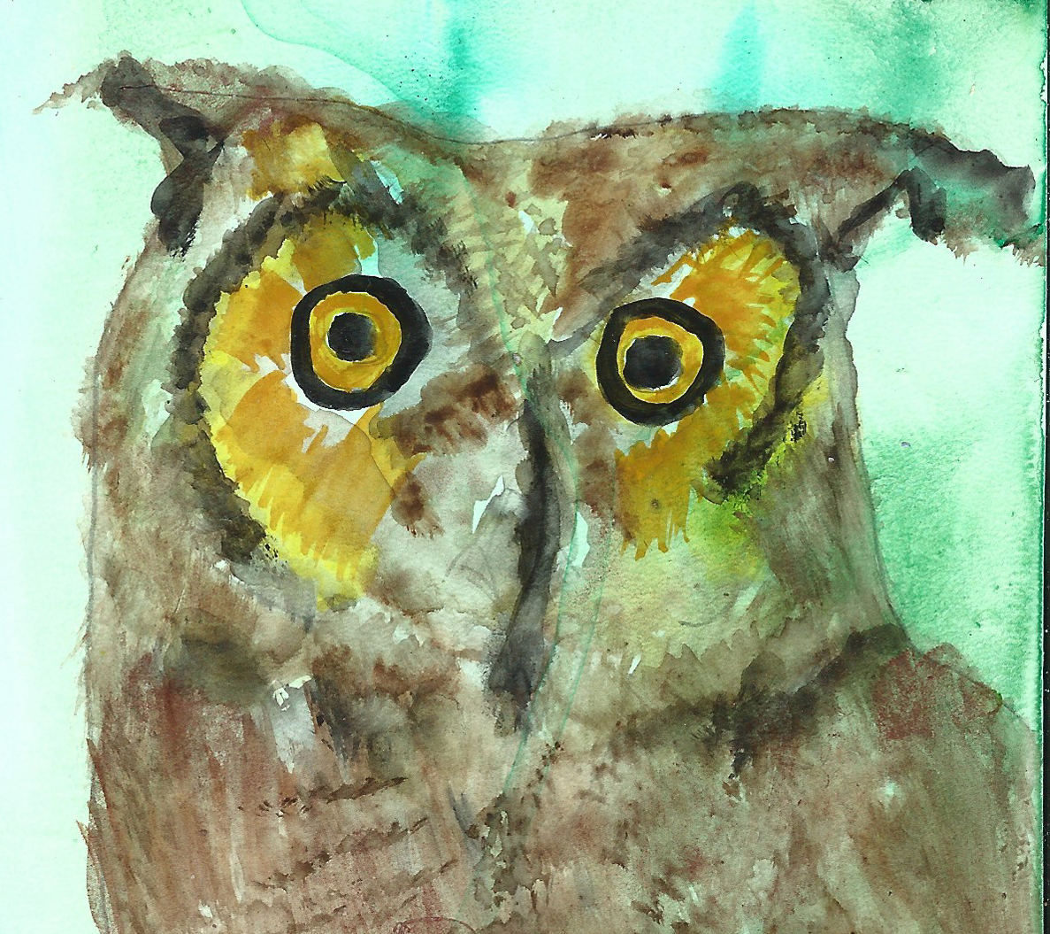 Owl One in Hyperspace Postcard, Watercolor by Susan Gainen