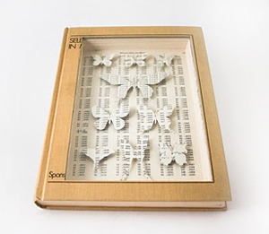 Selected tables in Mathematical Statistics carved into a Butterfly specimen book by Julia Feld
