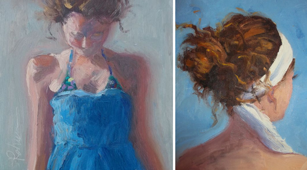 "White Scarf" & "Blue Sun Dress" (plein air oil painting) by Kathleen M. Robison