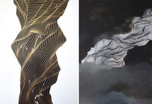 (left to right) Intercession and Cinder & Smoke (oil and acrylic on wood) by Tracie Cheng