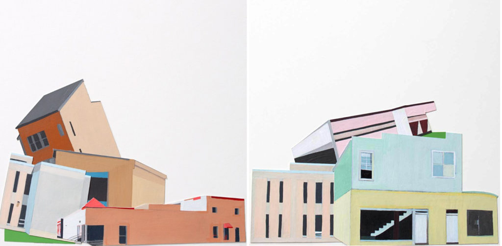 "Production of Belonging #1" & "Production of Belonging #2" (collaged acrylic on paper) by Dana Hargrove