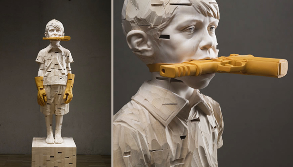 "Stones in my Pocket" and detail (wood sculpture) by Gehard Demetz