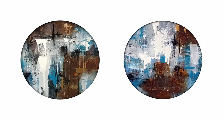 "Container 1" & "Container 2" (oil, acrylic, rust & charcoal on canvas) by painter Anthony Garratt