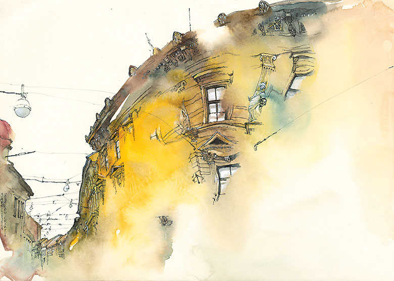 "Ilica Street, Zagreb, Croatia" (watercolor) by Sunga Park