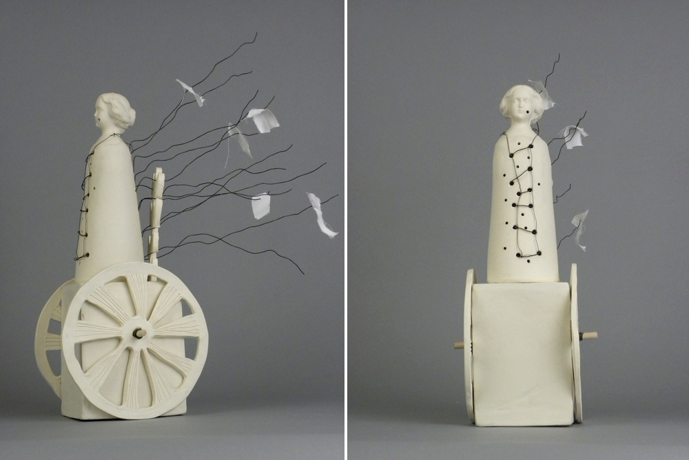 Two views of "Solemnity" (porcelain, steel & fabric) by Yana W. Goldfine