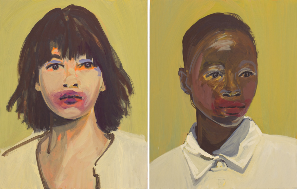 left to right, "Makeup (Red & Purple)" and "Makeup (Red Mouth)" by Claire Tabouret