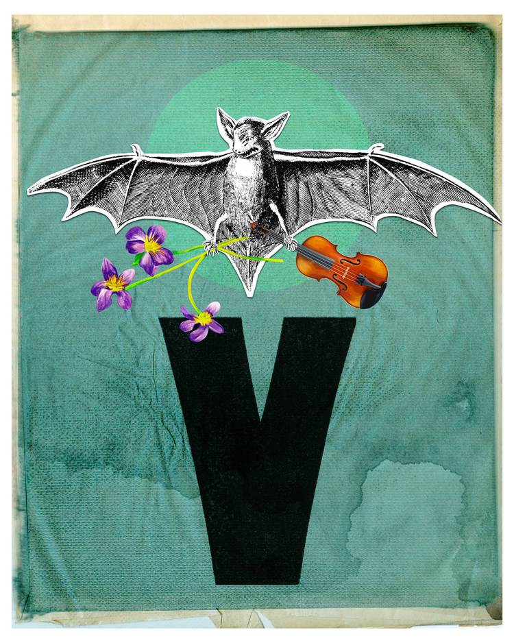 "V is for Vampire Bat" (digital collage) by Leslie Haines