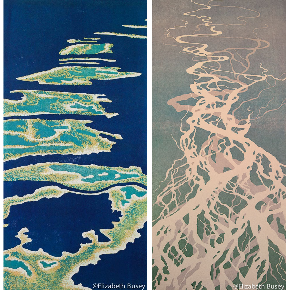 (l-r) "Out of Many , One" & "Unforseen" (linocuts) by Elizabeth Busey