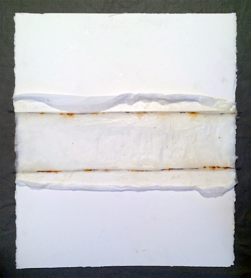 Elemental #1 (encaustic, gauze, wire, rust, shellac on paper, dim var) by Megan Klim